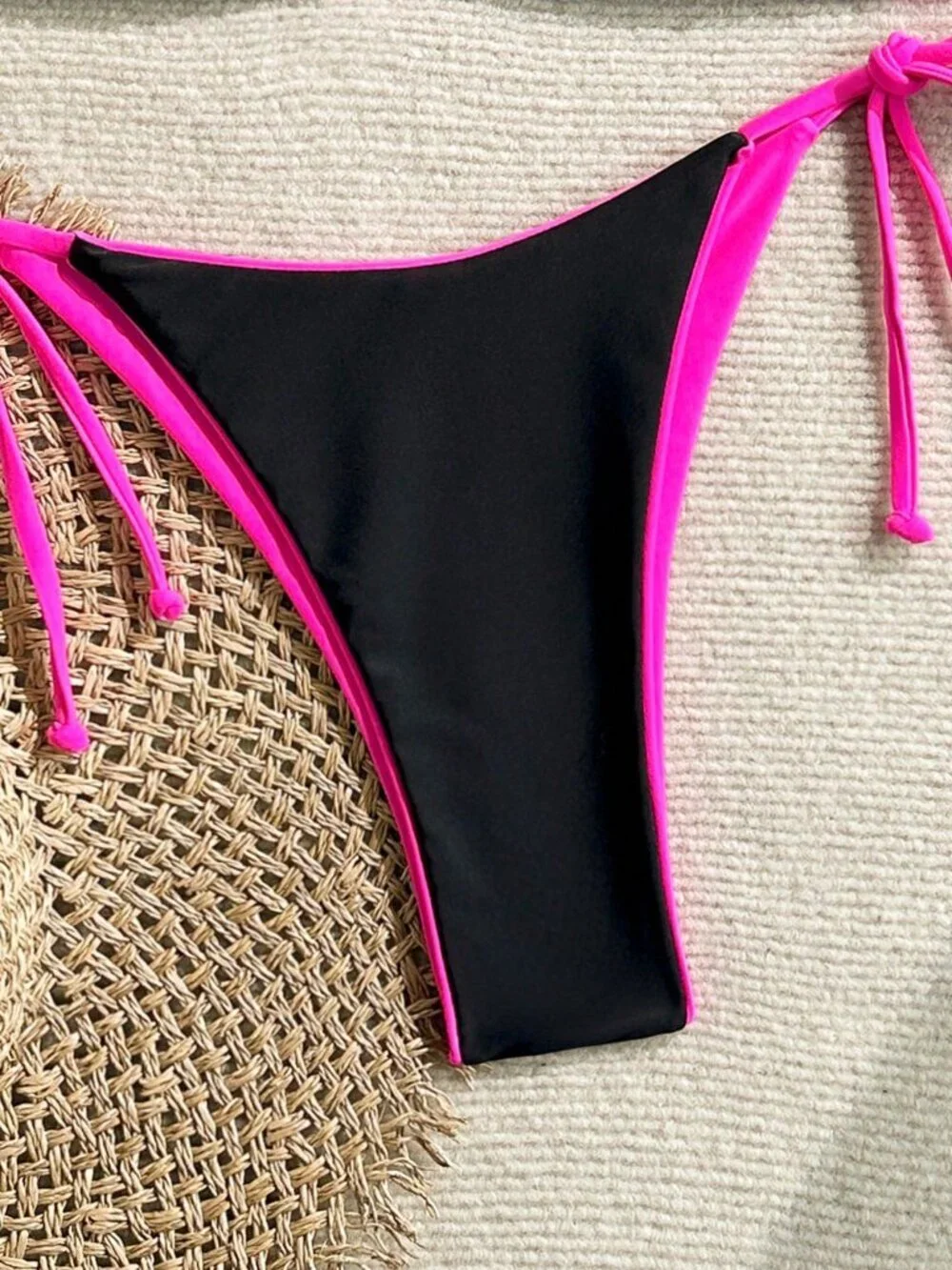Black pink Brocade Sexy Women's Leopard Print Spaghetti Strap Tie Bikini Set